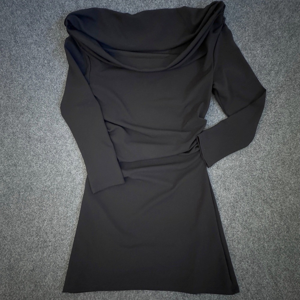 H&M Black Drape Cowl Neck Long Sleeve Ruched Mini Dress O/N 980180 Size M